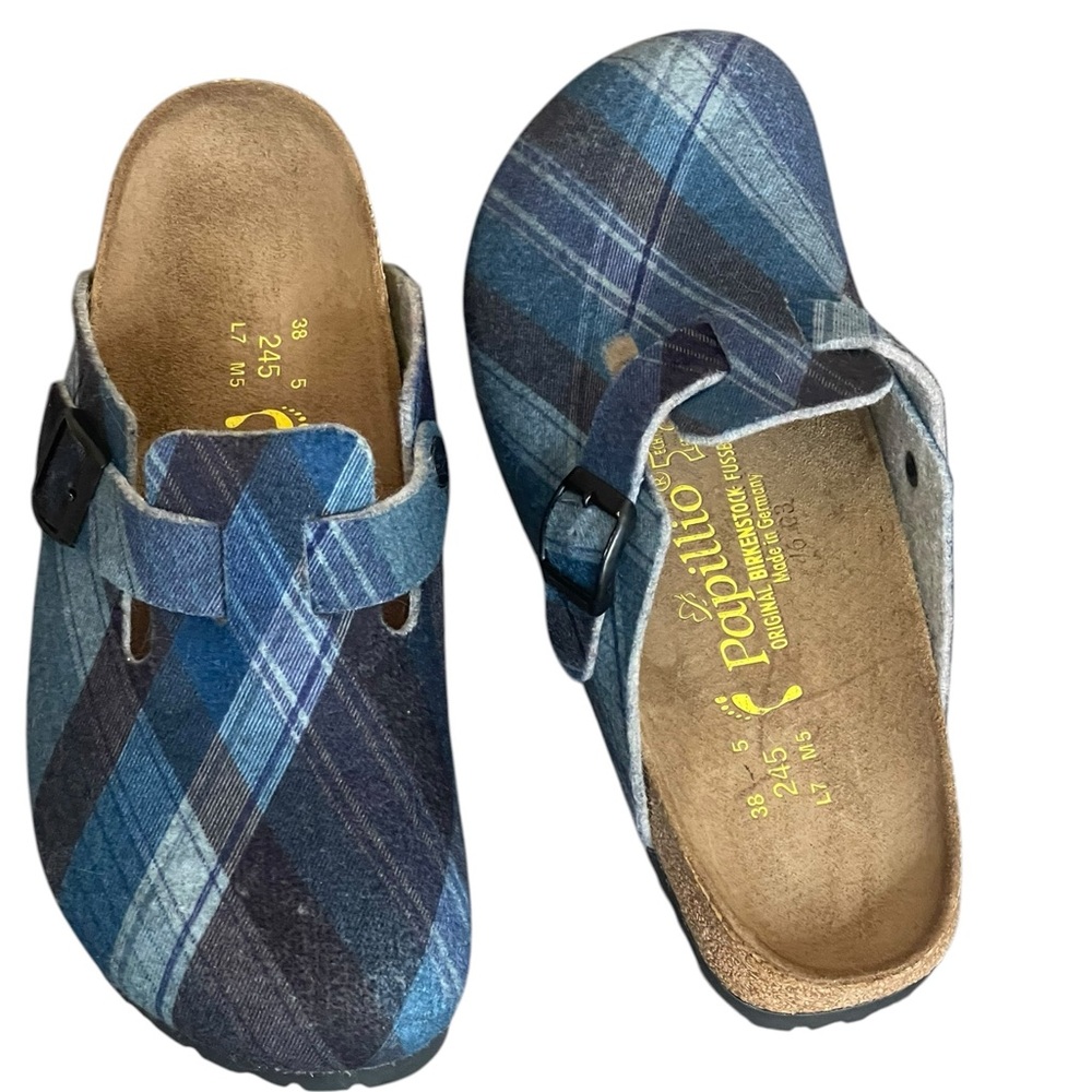 BIRKENSTOCK Papillio Boston Sandals Blue Tartan Wool Clogs Size 7